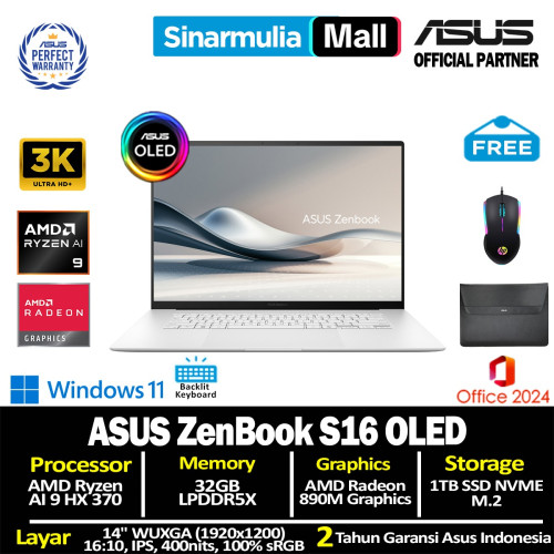 ASUS Zenbook S16 OLED UM5606WA Ryzen AI 9 HX 370 1TB SSD 32GB 3K OLED 0.2ms 120Hz 100%sRGB Touch Win11+OHS2