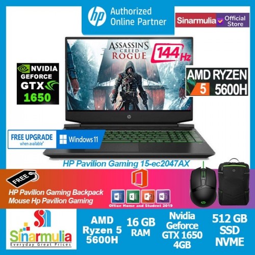 HP Pavilion Gaming 15-ec2047AX Ryzen 5-5600H GTX1650 512GB SSD 16GB