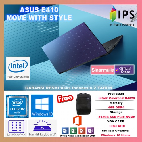 LAPTOP ASUS E410MA INTEL CELERON N4020 512GB SSD 4GB WIN10 BACKLIGHT