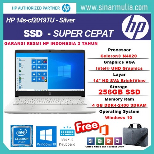 Laptop HP 14s-cf2019TU N4020 256GB SSD 4GB Win10+OHS Murah