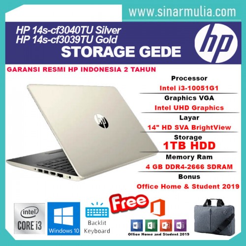 Laptop HP 14s-cf3039TU/cf3040TU i3-10051G1 14" HD 4GB 1TB Backlit W10