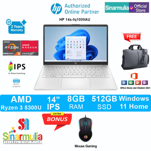 Laptop HP 14s-fq1009au Ryzen 3-5300U 512GB SSD 8GB Win11+OHS1