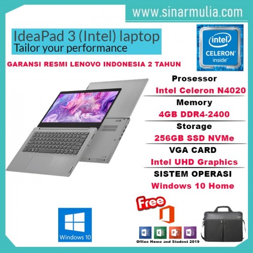 Laptop Lenovo ideapad Slim 3i Celeron N4020 256 GB SSD Win10 OHS