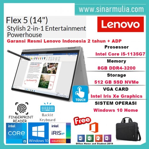 Lenovo Flex 5 i5-1135G7 8GB 512GB SSD NVMe intel Iris Xe FHD Win10+OHS3