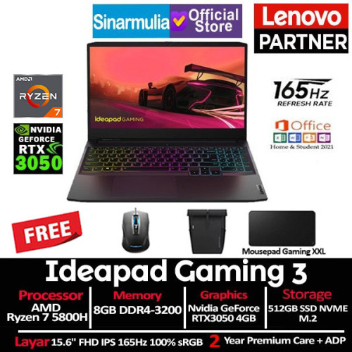 Lenovo Gaming 3 Ryzen 7 5800H RTX3050 512GB SSD 8GB 100%sRGB W11+OHS Lenovo Gaming 3 Ryzen 7 5800H RTX3050 512GB SSD 8GB 100%sRGB W11+OHS