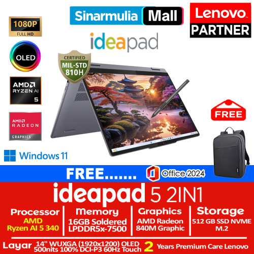 Lenovo Ideapad 5 2IN1 Ryzen AI 5 340 512GB SSD 16GB OLED WUXGA OLED 100%sRGB Touch Win11+OHS
