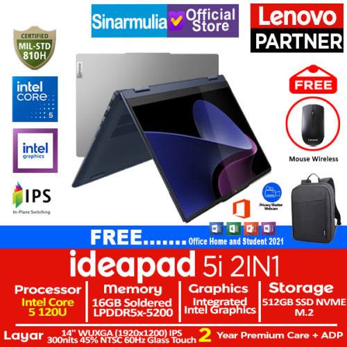 Lenovo Ideapad 5i 2IN1 Intel 5 120U 512GB SSD 16GB IPS Touch Win11+OHS1
