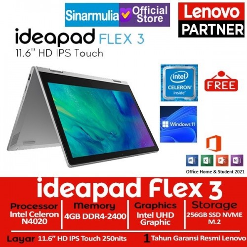 Lenovo IdeaPad Flex 3 Celeron N4020 256GB SSD 4GB WINDOWS11 + OHS