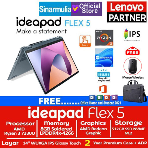 Lenovo Ideapad Flex 5 Ryzen 3 7330U 512GB SSD 8GB IPS Touch Win11+OHS