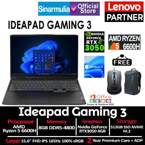 Lenovo IdeaPad Gaming 3 Ryzen 5 6600H RTX3050 512GB SSD 8GB Windows11 + OHS