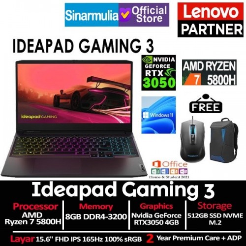 Lenovo Ideapad Gaming 3 Ryzen 7 5800H RTX3050 512GB SSD 8GB 100%sRGB Windows11 + OHS