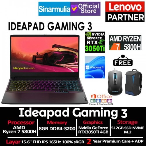 Lenovo Ideapad Gaming 3 Ryzen 7 5800H RTX3050Ti 512GB SSD 8GB 100%sRGB Windows11 + OHS1