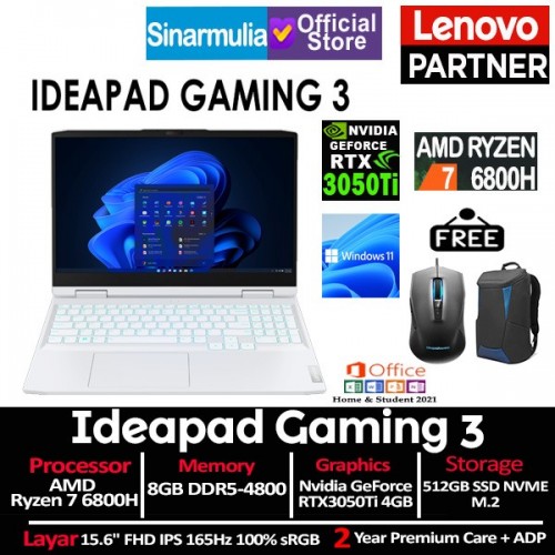 Lenovo IdeaPad Gaming 3 Ryzen 7 6800H RTX3050Ti 512GB SSD 8GB Windows11 + OHS1