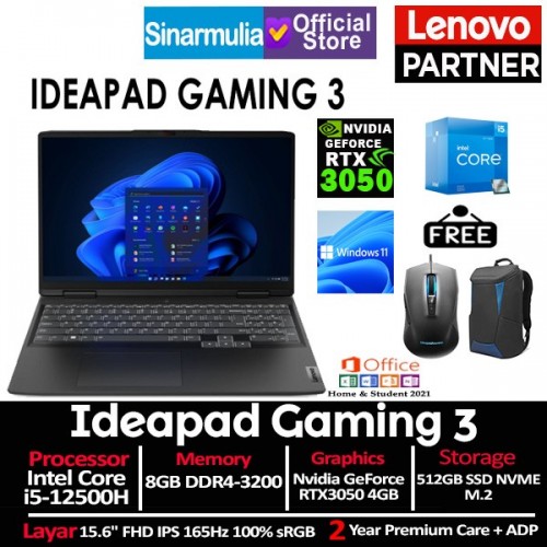 Lenovo Ideapad Gaming 3i i5-12500H RTX3050 512GB SSD 8GB Windows11 + OHS1