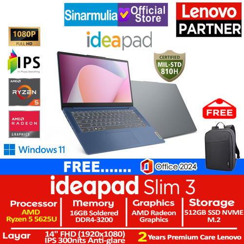 Lenovo Ideapad Slim 3 Ryzen 5 5625U 512GB SSD 16GB FHD IPS Win11+OHS