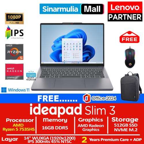 Lenovo Ideapad Slim 3 Ryzen 5 7535HS 512GB SSD 16GB IPS WUXGA Win11+OHS