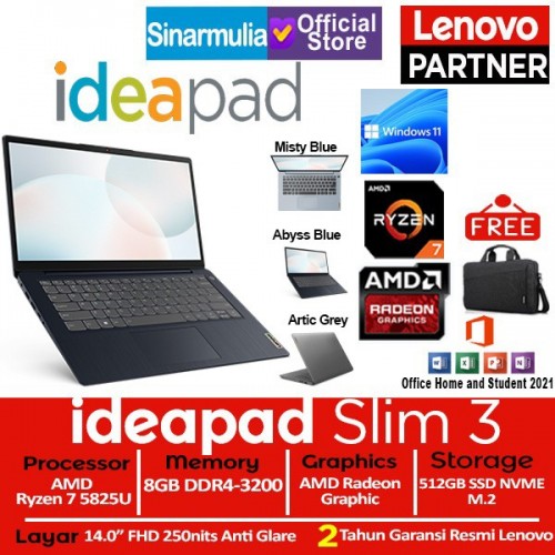 Lenovo IdeaPad Slim 3 Ryzen 7 5825U 512GB SSD 8GB Windows11 + OHS