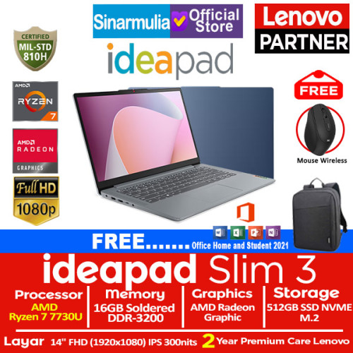 Lenovo Ideapad Slim 3 Ryzen 7 7730U 512GB SSD 16GB IPS Win11+OHS