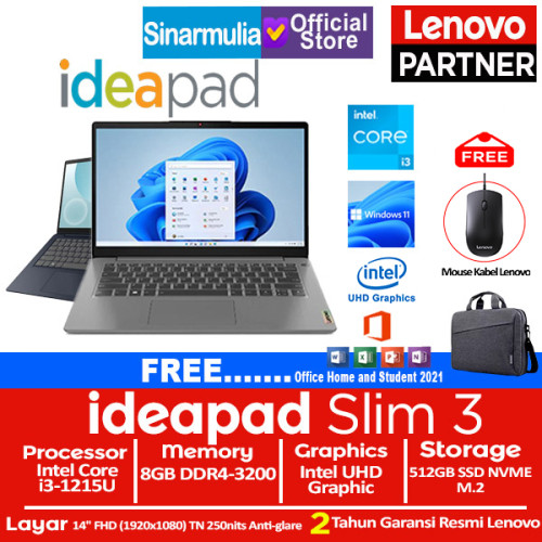 Lenovo Ideapad Slim 3i i3-1215U 512GB SSD 8GB 14" FHD Win11+OHS1