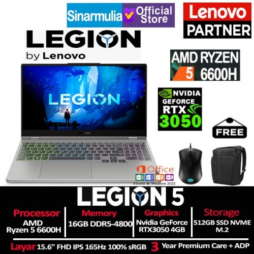 Lenovo Legion 5 Ryzen 5 6600H RTX3050 512GB SSD 16GB Windows11 + OHS