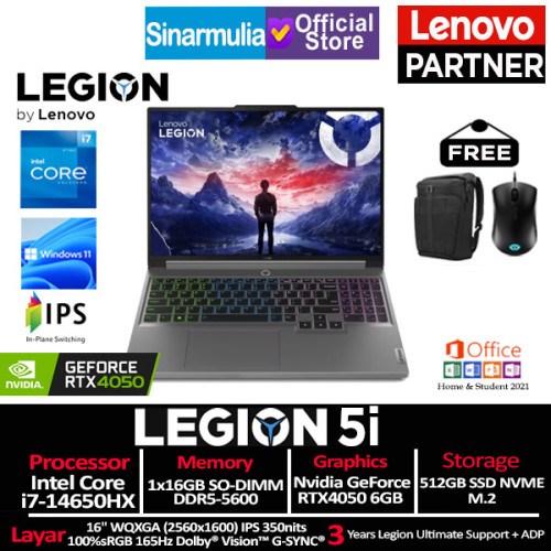 Lenovo Legion 5i i7-14650HX RTX4050 512GB SSD 16GB 165Hz IPS Win11+OHS
