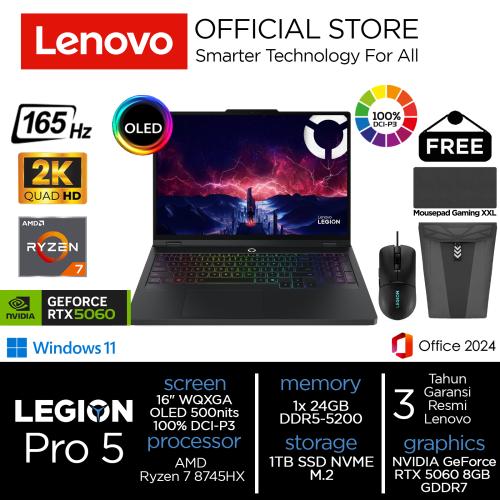 Lenovo Legion Pro 5 Ryzen 7 8745HX RTX5060 1TB SSD 24GB WQXGA OLED 100%sRGB 165Hz Win11+OHS