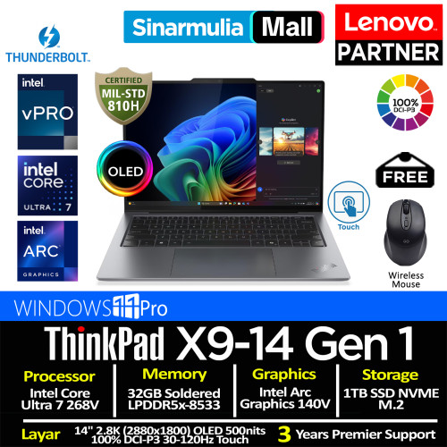 Lenovo ThinkPad X9-14 Gen 1 Aura Edition Ultra 7 268V 1TB SSD 32GB 2.8K OLED 100%sRGB 120Hz Touch Win11Pro Lenovo ThinkPad X9-14 Gen 1 Aura Edition Ultra 7 268V 1TB SSD 32GB 2.8K OLED 100%sRGB 120Hz Touch Win11Pro