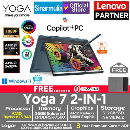Lenovo Yoga 7 2IN1 AMD Ryzen AI 5 340 512GB SSD 16GB OLED WUXGA 100%sRGB Copilot+ Touch Win11+OHS Lenovo Yoga 7 2IN1 AMD Ryzen AI 5 340 512GB SSD 16GB OLED WUXGA 100%sRGB Copilot+ Touch Win11+OHS