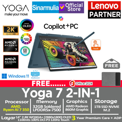 Lenovo Yoga 7 2IN1 AMD Ryzen AI 7 350 1TB SSD 32GB OLED 2.8K WQXGA+ 100%sRGB Copilot+ Touch Win11+OHS Lenovo Yoga 7 2IN1 AMD Ryzen AI 7 350 1TB SSD 32GB OLED 2.8K WQXGA+ 100%sRGB Copilot+ Touch Win11+OHS