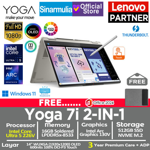 Lenovo Yoga 7i 2IN1 Ultra 5 226V 512GB SSD 16GB WUXGA OLED 120Hz 100%sRGB Copilot+ Touch Win11+OHS Lenovo Yoga 7i 2IN1 Ultra 5 226V 512GB SSD 16GB WUXGA OLED 120Hz 100%sRGB Copilot+ Touch Win11+OHS