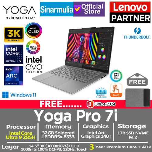 Lenovo Yoga Pro 7i Aura Edition Ultra 9 285H 1TB SSD 32GB ARC 140T 3K OLED 100%sRGB 120Hz Touch Win11+OHS