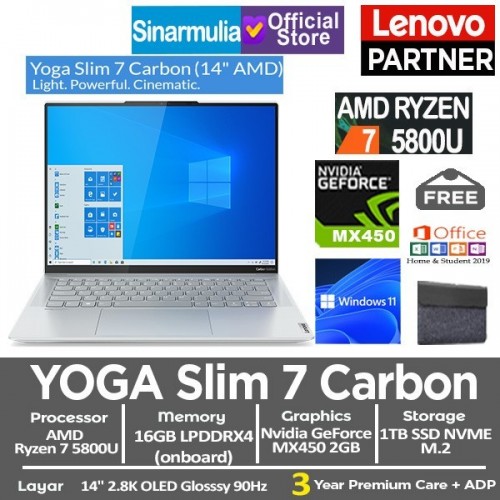 Lenovo YOGA Slim 7 Carbon Ryzen 7 5800 16GB 1TBSSD MX450 Touch OLED Windows 11 + OHS