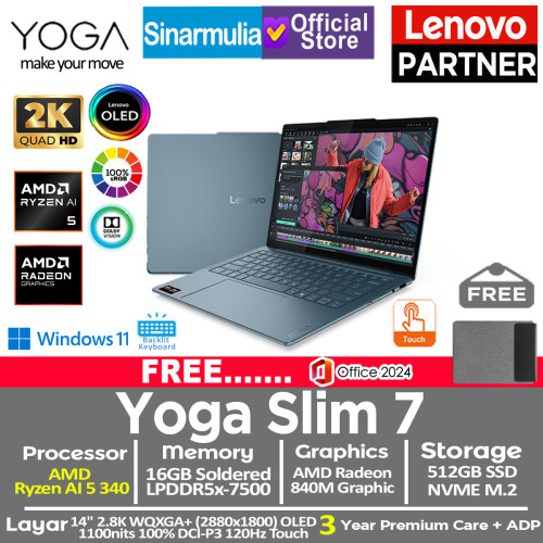 Lenovo Yoga Slim 7 Ryzen AI 5 340 512GB SSD 16GB 2.8K WQXGA+ OLED 120Hz 100%sRGB Copilot+ Touch Win11+OHS