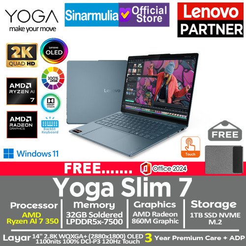 Lenovo Yoga Slim 7 Ryzen AI 7 350 1TB SSD 32GB 2.8K WQXGA+ OLED 120Hz 100%sRGB Copilot+ Touch Win11+OHS