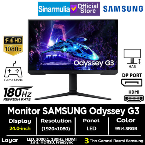 Monitor Gaming LED Samsung 24" Odyssey G3 G30D FHD 180Hz VA 1ms HDR10