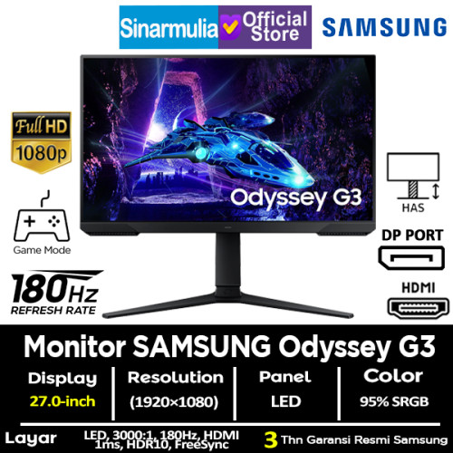 Monitor Gaming LED Samsung 27" Odyssey G3 G30D FHD 180Hz VA 1ms HDR10