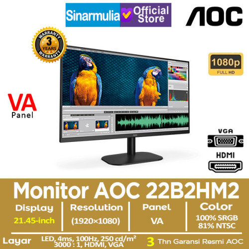 Monitor LED AOC 22B2HM2 21.45" VA 100Hz 4ms 100%sRGB Monitor LED AOC 22B2HM2 21.45" VA 100Hz 4ms 100%sRGB
