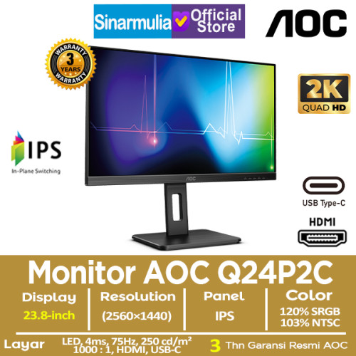 Monitor LED AOC Q24P2C 23.8" 2K IPS 75Hz 4ms 100%sRGB Monitor LED AOC Q24P2C 23.8" 2K IPS 75Hz 4ms 100%sRGB