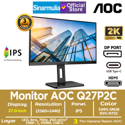 Monitor LED AOC Q27P2C 27" IPS 75Hz 4ms 100%sRGB Monitor LED AOC Q27P2C 27" IPS 75Hz 4ms 100%sRGB
