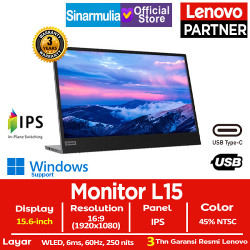 Monitor LED Lenovo L15 15.6" IPS 60Hz 6ms HDMI VGA Eye Caring