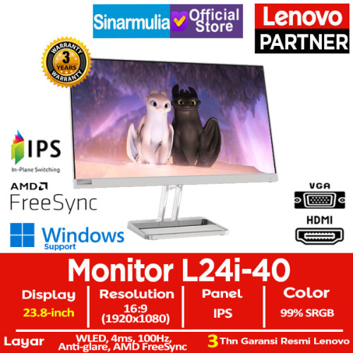 Monitor LED Lenovo L24i-40 24" IPS 100Hz 4ms HDMI VGA Eye Caring