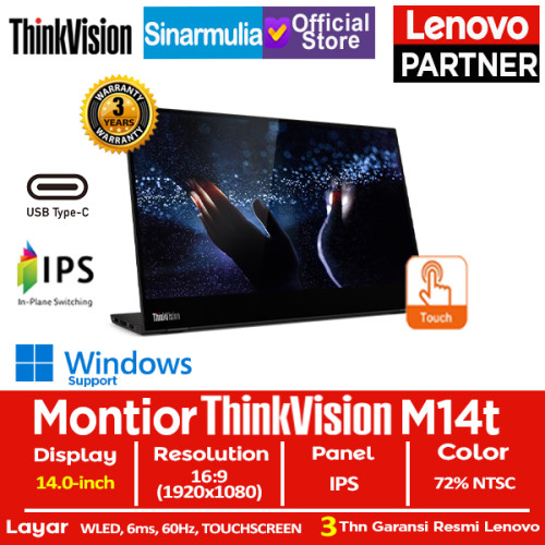 Monitor LED Lenovo ThinkVision M14t IPS 60Hz 6ms Touchscreen