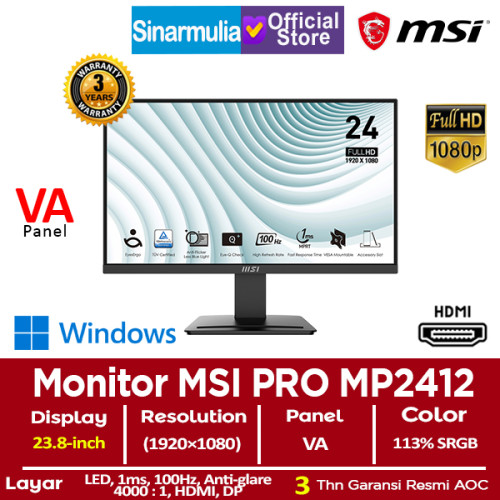 Monitor LED MSI PRO MP2412 23.8" FHD VA 100Hz 1ms 100%sRGB Monitor LED MSI PRO MP2412 23.8" FHD VA 100Hz 1ms 100%sRGB