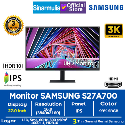 Monitor LED Samsung 27" S27A700 S3 4K UHD High Resolution IPS 99%sRGB HDR6