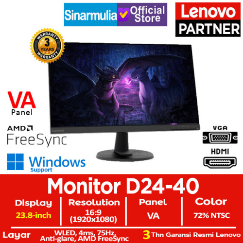 Monitor Lenovo LED D24-40 23.8" VA 75Hz Low Blue Light