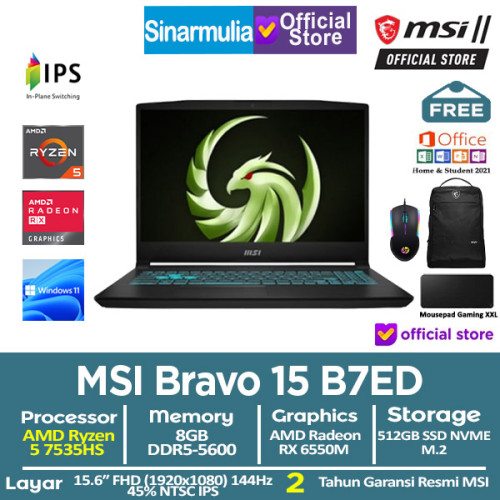 MSI Bravo 15 B7ED Ryzen 5 7535HS 512GB SSD 8GB RX6550M IPS 144Hz W111