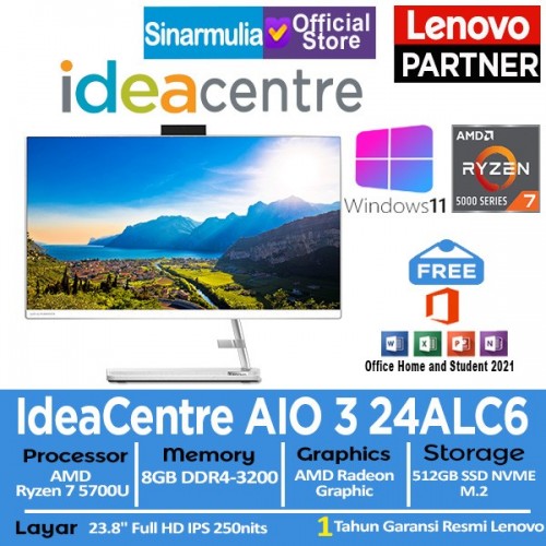 PC All in One Lenovo IdeaCentre AIO 3 24ALC6 Ryzen 7 5700U 512GB SSD 8GB 24" Windows 11 + OHS1