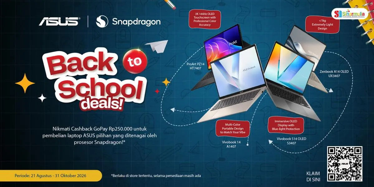 Promo ASUS Back to School: cashback GoPay Rp250.000 untuk laptop ASUS berprosesor Snapdragon