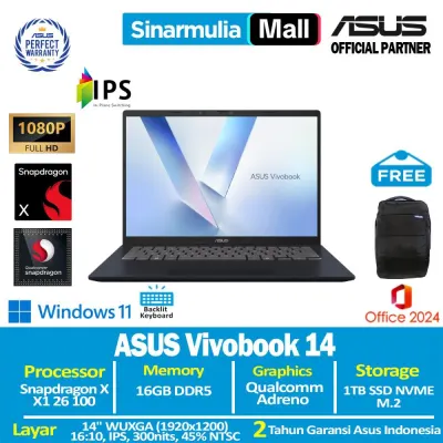 ASUS Vivobook 14 A1407QA Snapdragon X X1 26 100 1TB SSD 16GB WUXGA IPS Win11+OHS