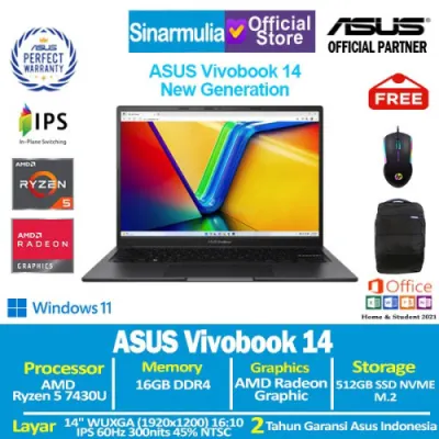 ASUS Vivobook 14 M1405YA Ryzen 5 7430U 512GB SSD 16GB IPS Win11+OHS